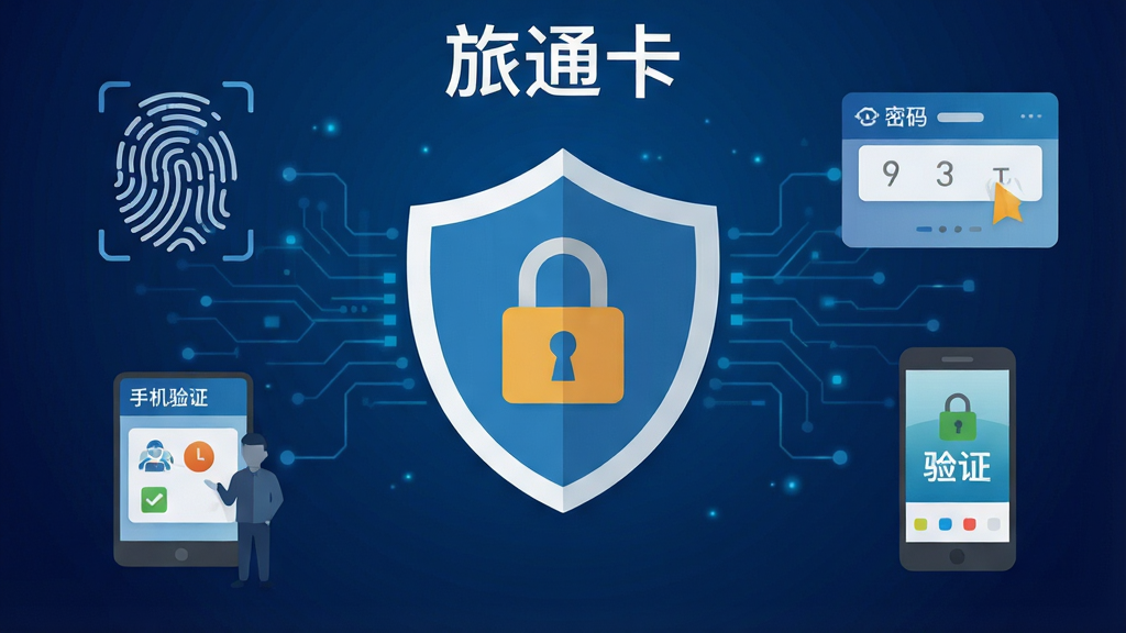 一张旅通卡安全中心功能的示意图,画面中央是盾牌与锁的图标组合,周围环绕指纹识别、密码输入框、手机验证等元素,背景为深蓝色科技感渐变,采用扁平化设计风格,布局对称稳重,画质清晰干净,无多余元素,图片中文字为