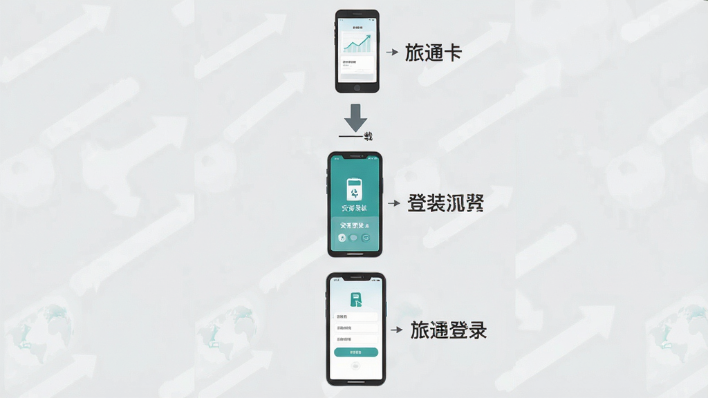 一张展示旅通卡安装与登录流程的步骤图,画面从上到下依次排列手机图标、下载箭头、安装界面、登录页面,每个步骤配有简洁文字标注,背景为浅灰色,采用扁平化信息图风格,布局纵向排列,画质清晰干净,无多余元素,图片中文字为