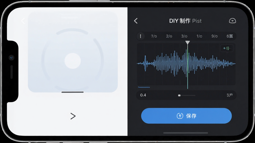 酷炫铃声手机端操作界面截图,主体为手机屏幕显示铃声设置和DIY制作页面,布局为左右分栏,排版整齐,风格为清新简约UI,细节包括波形编辑器和保存按钮,画质高清干净,无多余元素