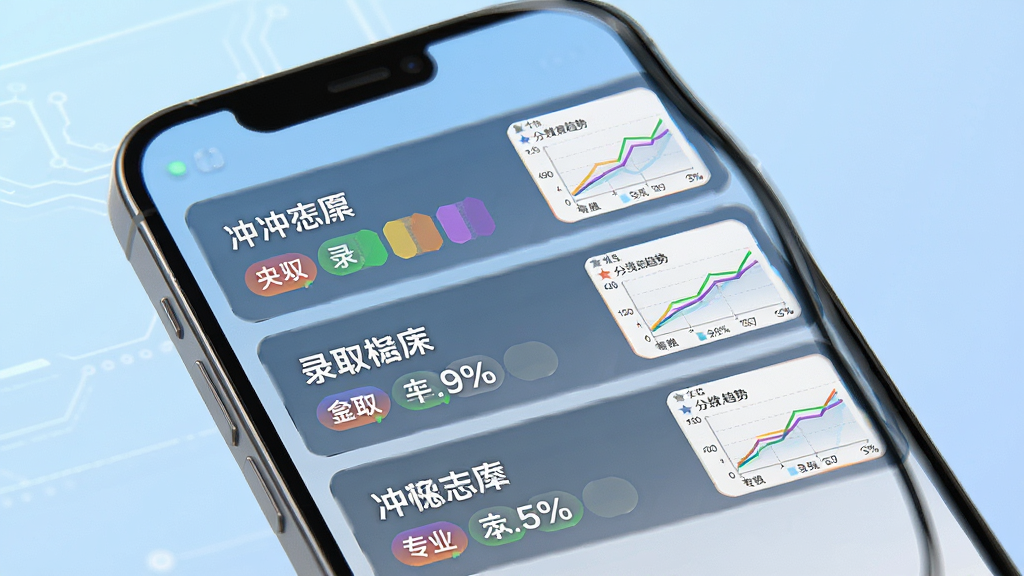 高考志愿指南智能推荐功能界面,手机屏幕显示冲稳保三档志愿列表,每所院校旁边有录取概率百分比和分数线趋势小图,背景为浅蓝色渐变,主体是手机屏幕内容,布局上下分层,排版整洁,风格为现代简约科技风,细节包括彩色概率条、院校名称文字、专业标签,画质高清干净无多余元素