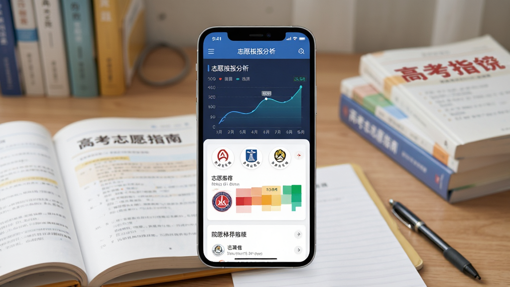 高考志愿指南软件主界面全貌展示,画面中央是一部智能手机,屏幕显示志愿填报分析图表和院校推荐列表,背景是书桌和高考复习资料,主体突出手机应用界面,布局采用居中构图,排版清晰有序,风格为写实科技风,细节包括屏幕上的数据曲线、院校logo图标、志愿梯度色块,画质高清干净无多余元素