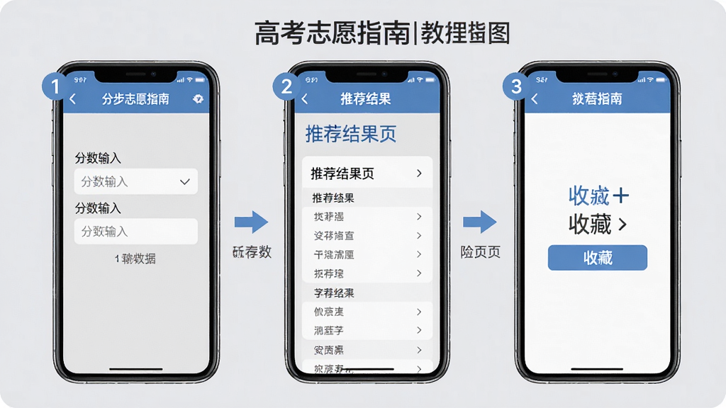 高考志愿指南使用教程示意图,手机屏幕显示分步操作指引,包含分数输入框、推荐结果页和收藏按钮,背景为浅灰色,主体是手机界面分步截图,布局为三格并排,排版整齐,风格为教程说明风,细节包括步骤数字标注、箭头指引、文字说明,画质高清干净无多余元素
