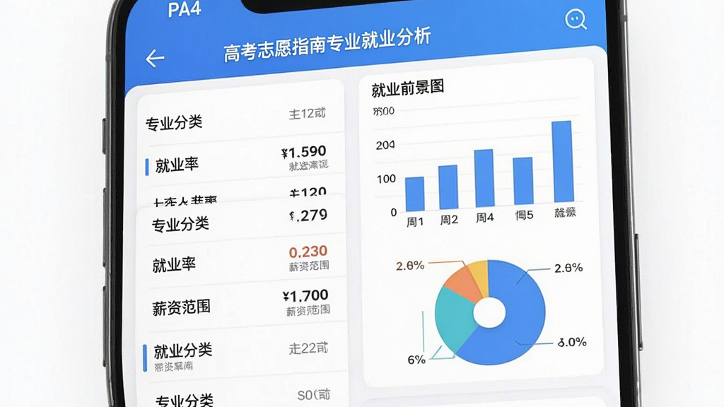 高考志愿指南专业就业分析页面,手机屏幕展示专业分类列表和就业前景图表,包含柱状图和饼状图,背景为白色简洁风格,主体是手机应用界面,布局左右分栏,排版清晰,风格为商务数据风,细节包括专业名称文字、就业率数字、薪资范围标注,画质高清干净无多余元素