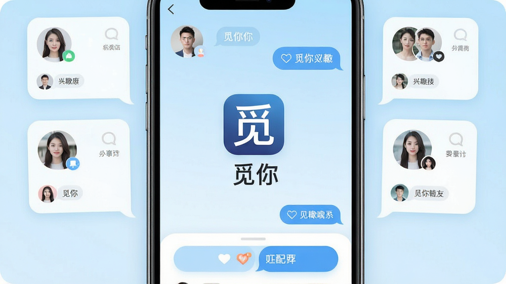 一张手机屏幕展示觅你交友软件主界面,中央是觅你软件Logo和名称“觅你”,周围环绕多个用户头像卡片和聊天气泡,背景为浅蓝渐变,布局居中对称,风格清新现代,细节包含兴趣标签图标和匹配按钮,画质清晰干净无多余元素