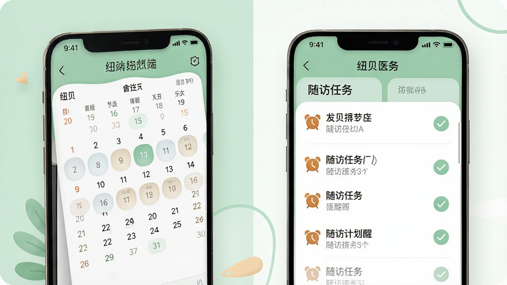 一张展示纽贝医生医生端随访计划与提醒功能的界面示意图,画面中手机屏幕显示日历视图和随访任务列表,带有闹钟图标和勾选标记,背景为淡绿色与白色搭配,风格温和清晰,细节精致,画质高清干净,无多余元素