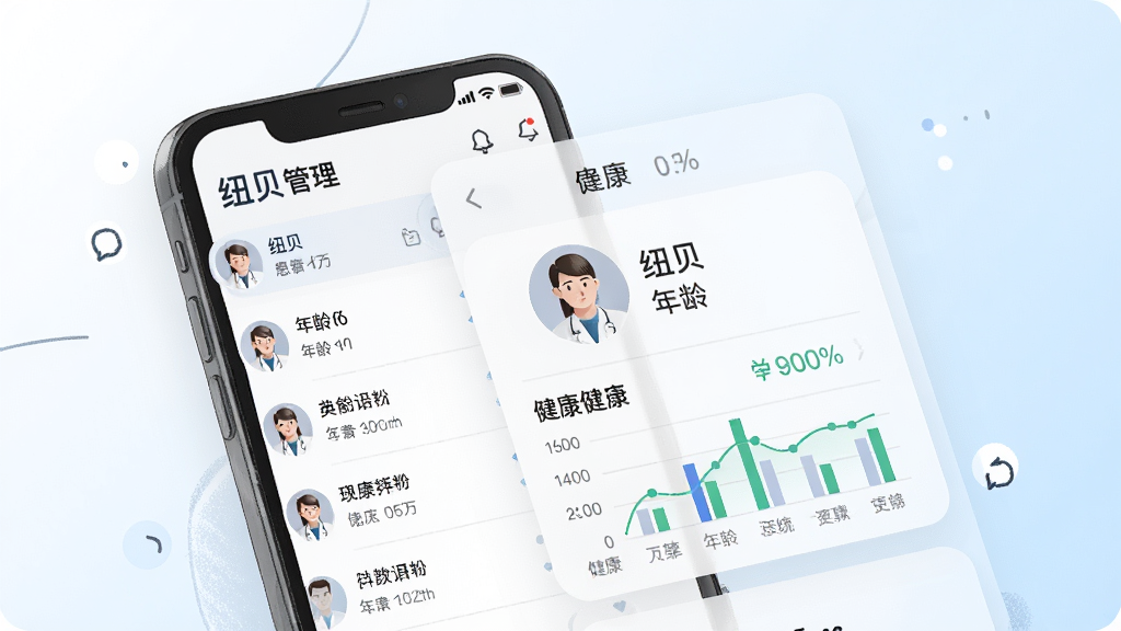一张展示纽贝医生医生端患者档案管理功能的界面截图风格插画,画面中一部手机屏幕显示患者列表和详细档案卡片,包含头像、姓名、年龄和健康指标图表,背景为柔和白色与淡蓝色渐变,风格清新专业,细节丰富,画质高清干净,无多余元素