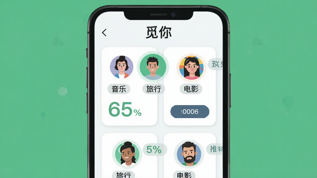 觅你软件智能匹配推荐功能展示图,画面中心为手机界面显示多个用户卡片,卡片上有兴趣标签如“音乐”“旅行”“电影”,顶部有“觅你”文字标识,布局为上下结构,风格扁平化插画,细节包含匹配度百分比和推荐按钮,画质清晰干净无多余元素