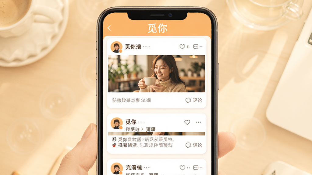 觅你软件动态社区页面展示图,画面为手机界面显示多条用户动态卡片,卡片上有图片和文字,顶部有“觅你”标识,布局为瀑布流式,风格温暖明亮,细节包含点赞和评论图标,画质清晰干净无多余元素