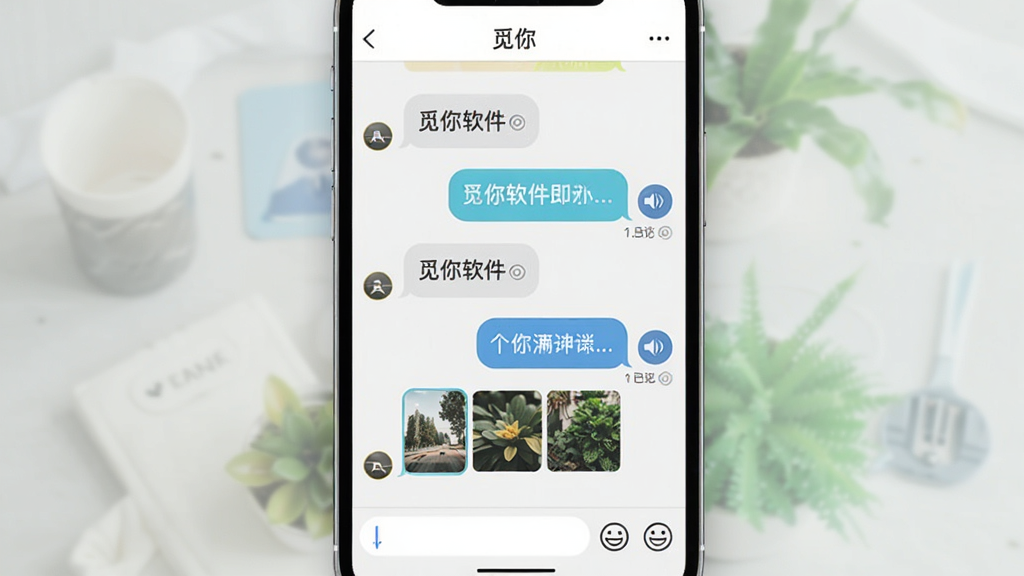 觅你软件即时聊天界面展示图,画面为手机聊天窗口,顶部显示“觅你”名称,聊天内容包含文字气泡和语音图标,底部有输入框和表情按钮,布局为竖向排列,风格清爽简约,细节包含已读标记和图片缩略图,画质清晰干净无多余元素