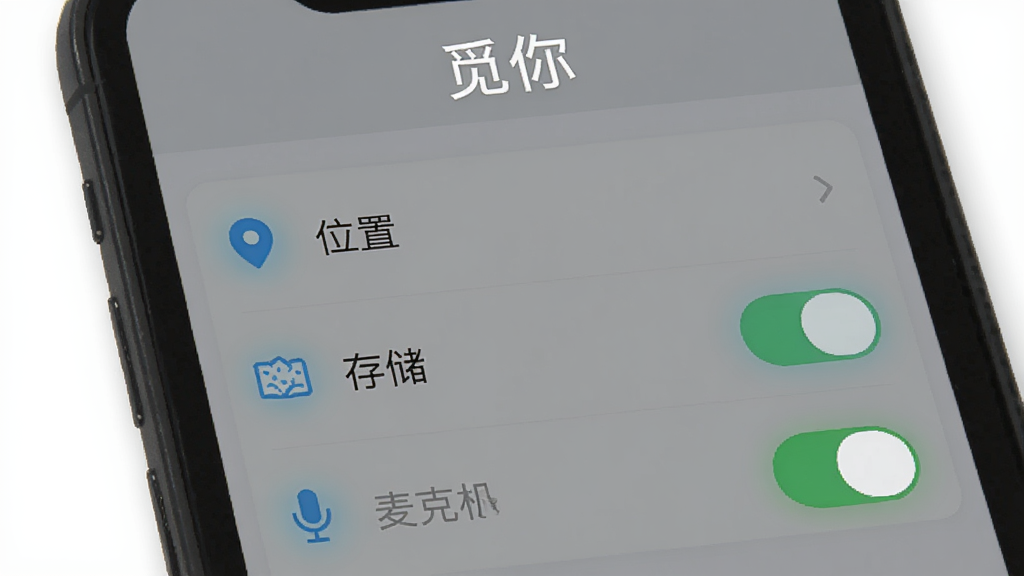觅你软件新手安装设置示意图,画面为手机屏幕显示权限设置界面,顶部有“觅你”文字,界面包含位置、存储、麦克风权限开关,布局为列表式,风格简洁扁平,细节包含高亮提示图标,画质清晰干净无多余元素