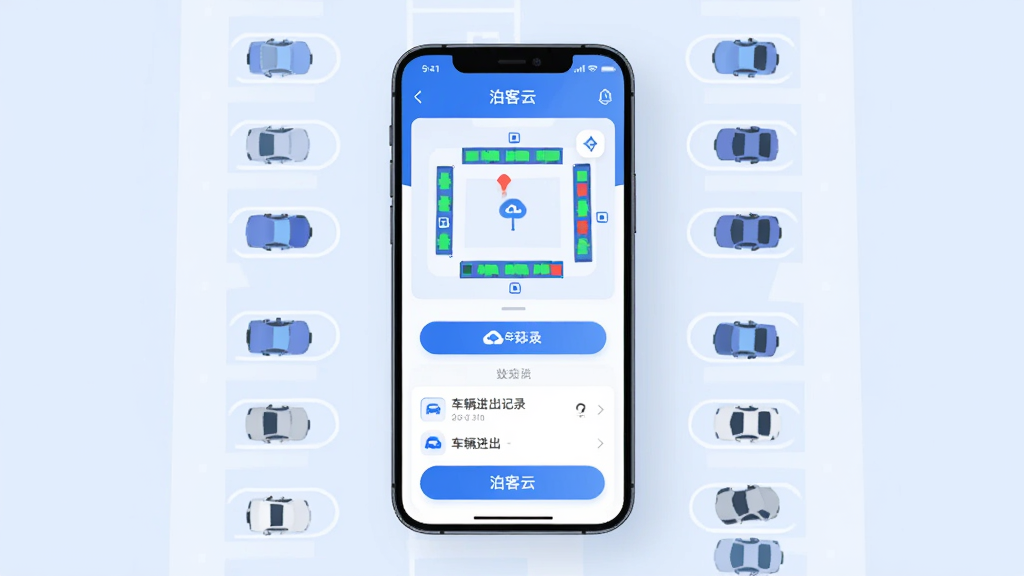 主体为一部智能手机展示泊客云应用界面,界面中包含停车场地图、车位状态图标和车辆进出记录,布局为手机居中放置于浅蓝色背景中,周围环绕停车位线条和车辆小图标,排版简洁清晰,风格为现代科技感扁平化设计,细节上界面按钮圆润、色彩以蓝白为主,画质高清干净无多余元素,图片中文字标注
