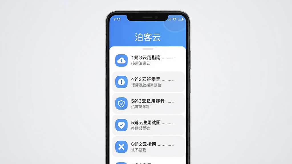 主体为一部安卓手机屏幕显示泊客云使用指南页面,布局为手机居中、背景为浅灰色渐变,排版上突出步骤列表和提示图标,风格为清新简约风格,细节中界面文字清晰、图标为蓝色圆角设计,画质高清干净无多余元素,图片中文字标注
