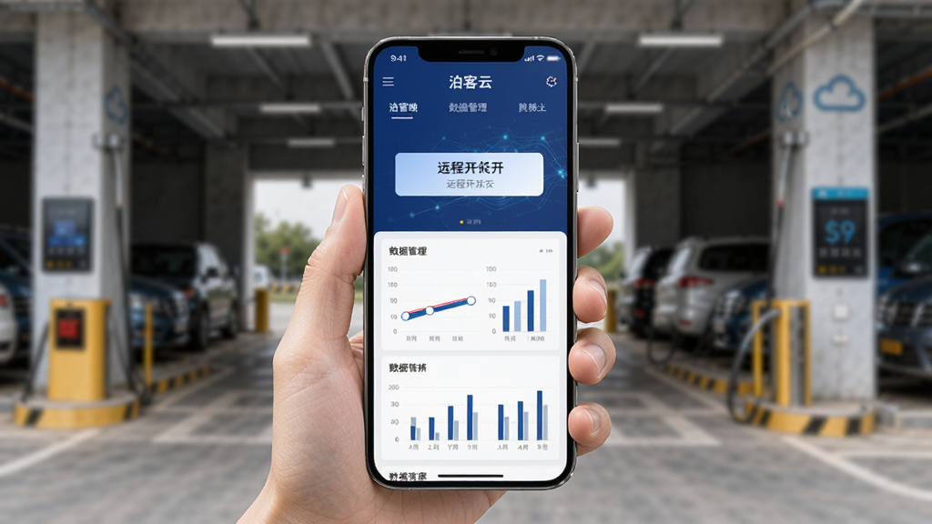 主体为一只手持智能手机展示泊客云移动端管理界面,布局为手机屏幕占据画面中心,背景为停车场入口场景虚化处理,排版突出手机界面中的远程开闸按钮和数据图表,风格为商务科技风格,细节中界面色彩以深蓝和白色为主,画质高清干净无多余元素,图片中文字标注