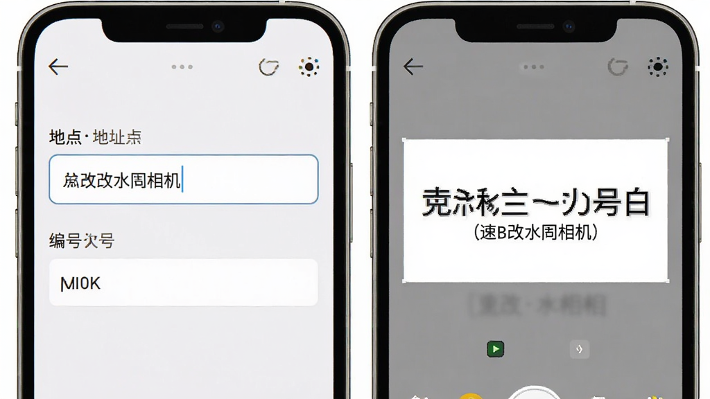 速改水印相机的地点与编号编辑界面,手机屏幕上显示地址输入框和编号输入框,旁边有示例水印预览效果,画面风格清爽,细节清晰,画质干净,无杂乱元素