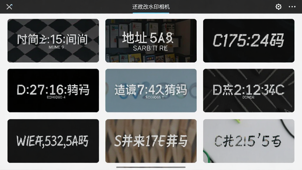 速改水印相机的水印模板选择页面,屏幕上展示多个不同样式的水印缩略图,包括简约时间水印、地址水印、编号水印等,界面排版整齐,风格现代,画质清晰,无多余元素