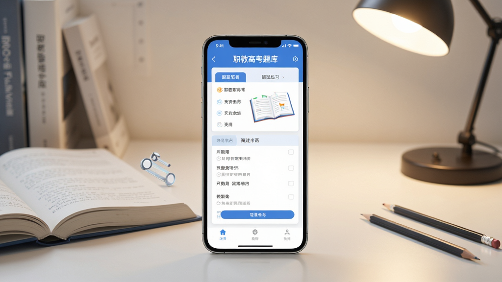 职教高考题库 手机应用界面展示,主体为一部智能手机,屏幕显示题库练习页面和答题卡,布局为居中放置,背景为整洁的书桌场景,风格为写实科技风,细节包含书本、铅笔和柔和灯光,画质清晰,干净,无多余元素