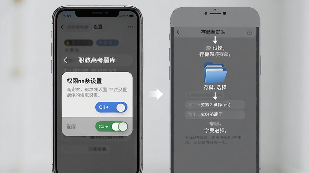 职教高考题库 安装设置引导页面,主体为手机屏幕显示权限设置和存储选择界面,布局为分步引导式,风格为简洁实用风,细节包含开关按钮、文件夹图标和提示文字,画质清晰,干净,无多余元素