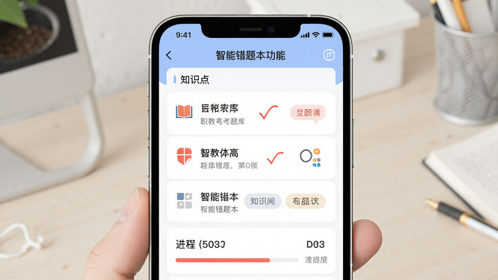 职教高考题库 智能错题本功能界面,主体为手机屏幕显示错题列表和知识点标签,布局为纵向排列,风格为清新简约风,细节包含红色标记、分类图标和进度条,画质清晰,干净,无多余元素