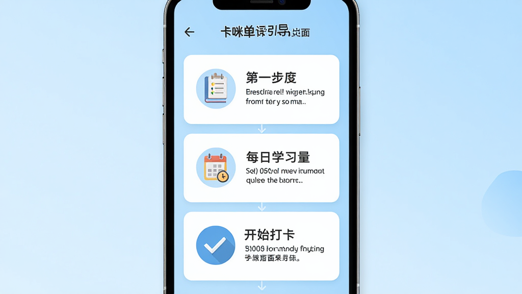 卡咪单词打卡新手操作引导页面,主体是手机屏幕显示操作步骤示意图,布局为竖版从上到下排列三个步骤卡片,排版每个步骤有图标和文字说明,风格为扁平化简约设计,细节包括第一步选择词库图标、第二步设置每日学习量图标、第三步开始打卡图标、背景为浅蓝色渐变,画质高清、干净、无多余元素