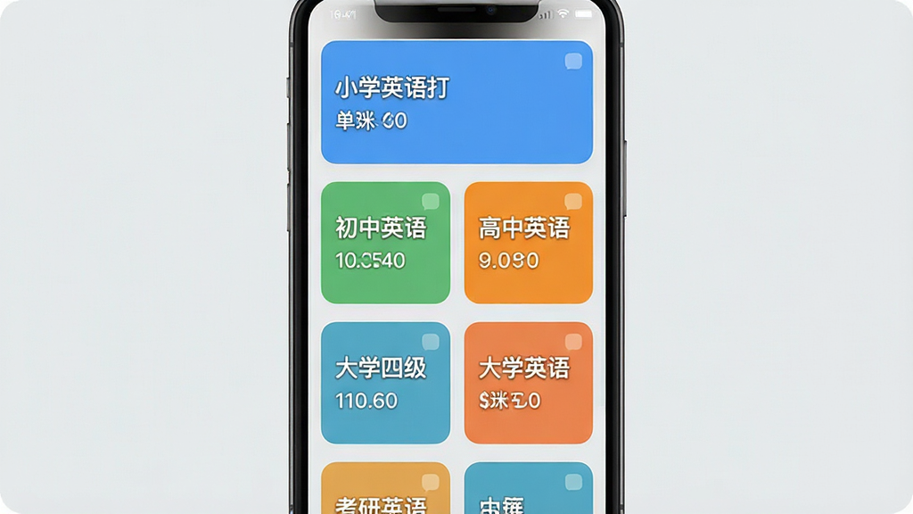 卡咪单词打卡词库选择界面,主体是多个词库卡片整齐排列在手机屏幕上,布局为竖版列表形式,排版每个卡片上有词库名称和单词数量,风格为简约卡片式UI设计,细节包括词库名称有小学英语、初中英语、高中英语、大学四级、考研英语等、卡片颜色各异有蓝色绿色橙色、背景为浅灰色,画质高清、干净、无多余元素