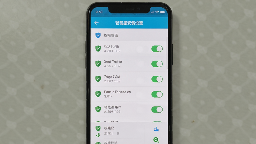 轻笺墨安装设置界面手机截图,主体为手机屏幕显示权限管理列表,布局为竖屏展示,排版清晰,风格为扁平化UI设计,细节包含开关按钮与安全盾牌图标,画质高清,干净,无多余元素。