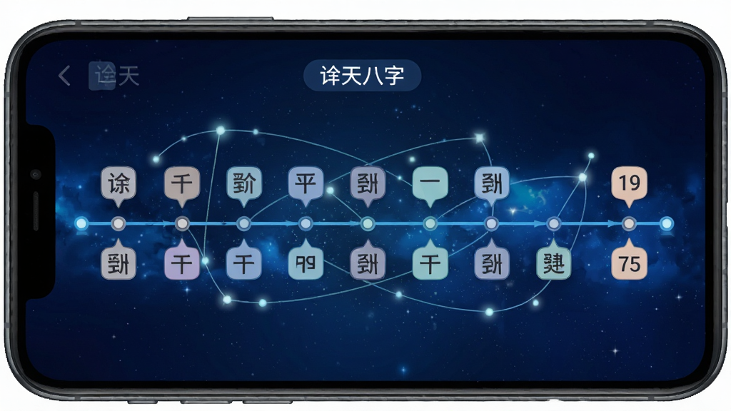 手机屏幕显示诠天八字大运流年时间轴页面,时间轴上排列着不同年份的干支标签,背景为深蓝色星空渐变,布局为手机居中,周围有淡淡的光点与线条连接,风格为科技感扁平插画,细节包括屏幕上的“诠天八字”字样、时间轴节点、干支文字,画质清晰,干净,无多余元素