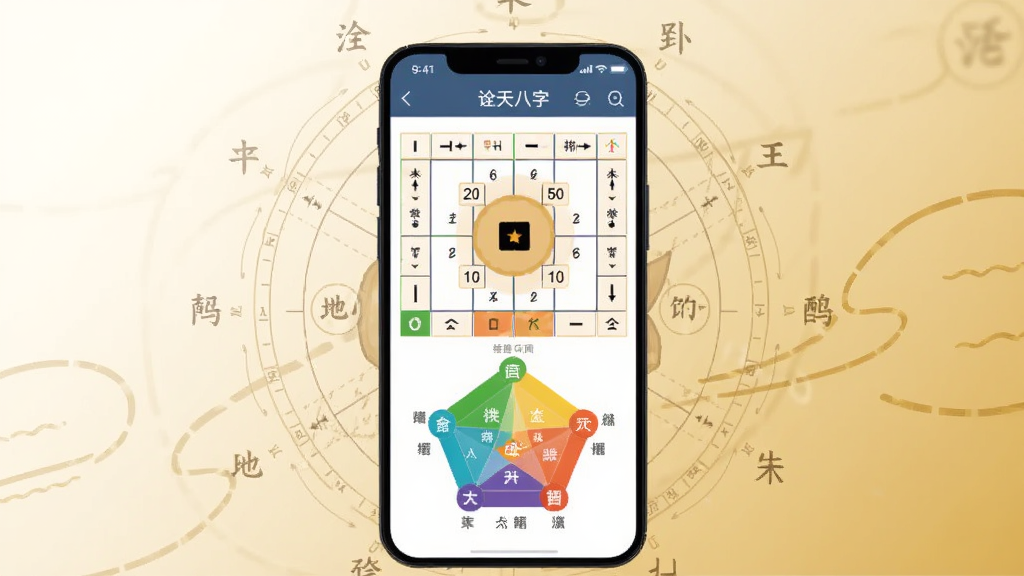 画面中央放置一部智能手机,手机屏幕显示诠天八字应用主界面,界面上有八字排盘表格与五行分布图,手机周围环绕淡淡的罗盘线条与天干地支字符,背景为浅米色与淡金色渐变,整体布局居中对称,风格为现代国风扁平插画,细节包括屏幕上的排盘格子、五行色块、顶部软件名“诠天八字”,画质清晰,干净,无多余元素
