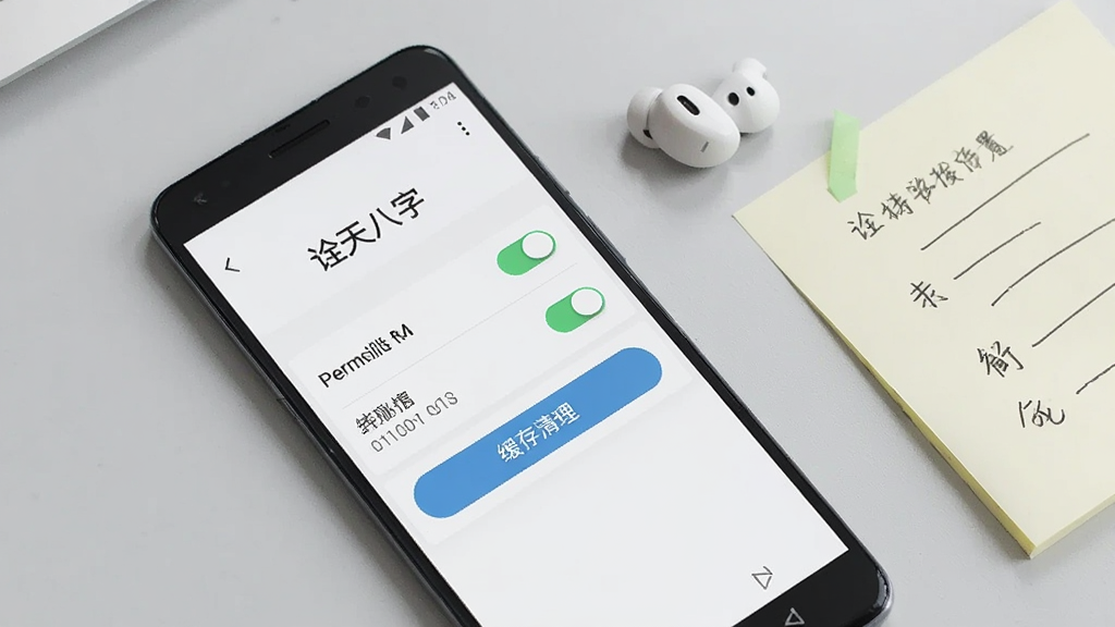 一部安卓手机屏幕显示诠天八字应用设置页面,页面上有权限开关与缓存清理按钮,手机旁边放着一副耳机与一张便签纸,背景为浅灰色桌面,布局为斜角俯拍,风格为简约产品展示,细节包括屏幕上的“诠天八字”标题、开关按钮、便签上的文字线条,画质清晰,干净,无多余元素