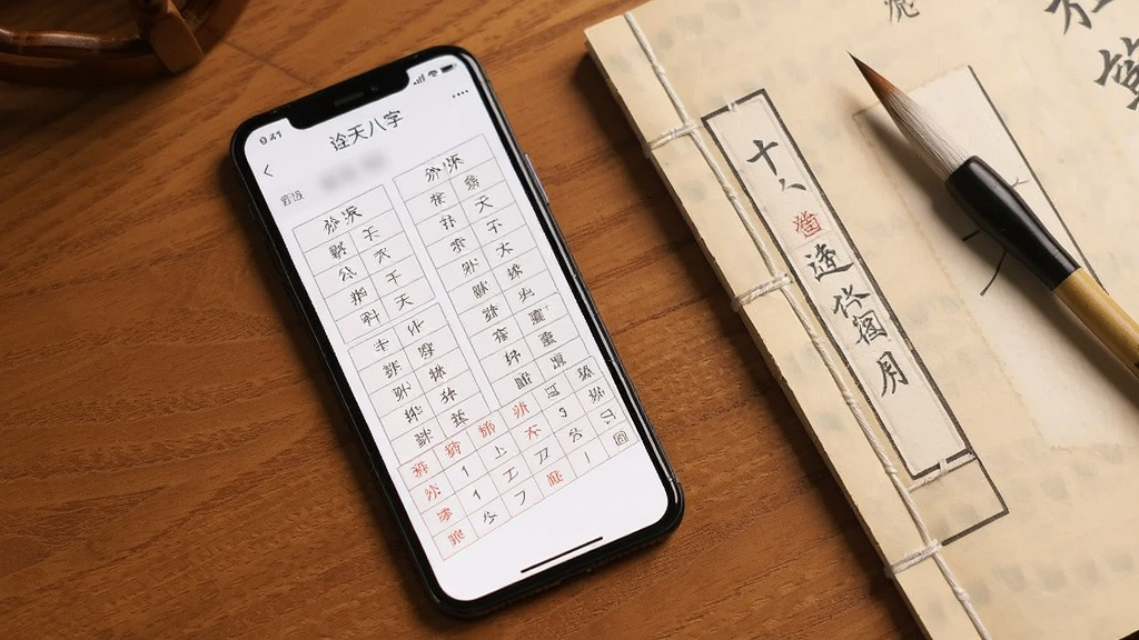 一部手机平放在木质桌面上,屏幕显示诠天八字排盘结果页面,页面上有四柱表格与十神标注,手机旁边放着一本翻开的线装书与一支毛笔,背景为暖色木质纹理,布局为俯视角度,风格为写实产品摄影,细节包括屏幕上的文字“诠天八字”、表格线条、书本纸张纹理,画质清晰,干净,无多余元素