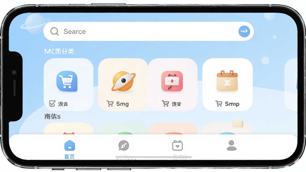 主体是轻宇宙APP主界面,布局采用手机屏幕正视图,排版为顶部搜索栏、中部商品分类卡片、底部导航菜单,风格为清新浅色系扁平化设计,细节包含柔和圆角图标和简洁的购物车标识,画质高清、干净、无多余元素