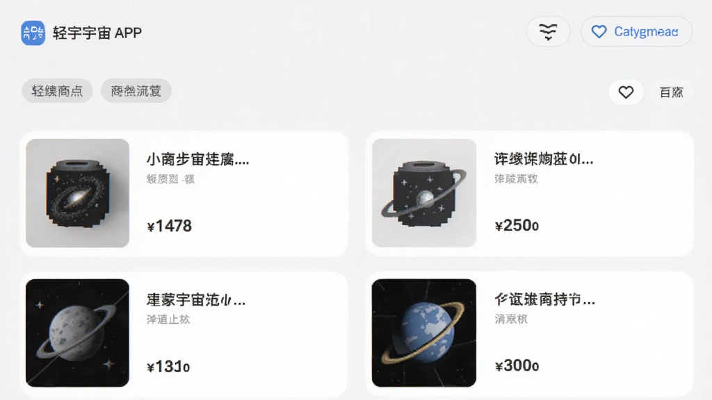 主体是轻宇宙APP商品列表页面,布局为两列网格排列,排版整齐展示商品缩略图、名称和价格,风格为简约商务浅灰质感,细节包含清晰的分类标签和筛选按钮,画质高清、干净、无多余元素
