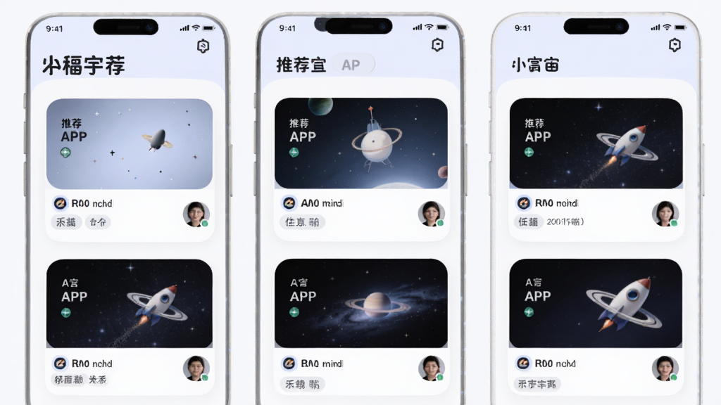 主体是轻宇宙APP个性化推荐页面,布局为上下滑动信息流,排版以卡片式推荐为主,风格为柔和圆角清新浅色,细节包含推荐标签和用户头像图标,画质高清、干净、无多余元素