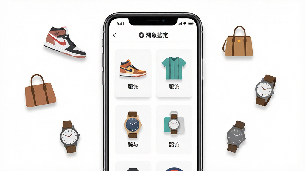 潮象鉴定多品类鉴定功能展示图,画面主体为一部手机,屏幕内显示潮象鉴定APP的品类选择页面,页面上整齐排列着球鞋、服饰、箱包、腕表、配饰等图标,每个图标下方有对应的中文标签,手机周围漂浮着球鞋、手提包、手表等实物小图标作为点缀,布局居中对称,风格为清新简约的扁平化插画风,细节上图标带有轻微阴影,背景为纯白色,画质高清,干净,无多余元素