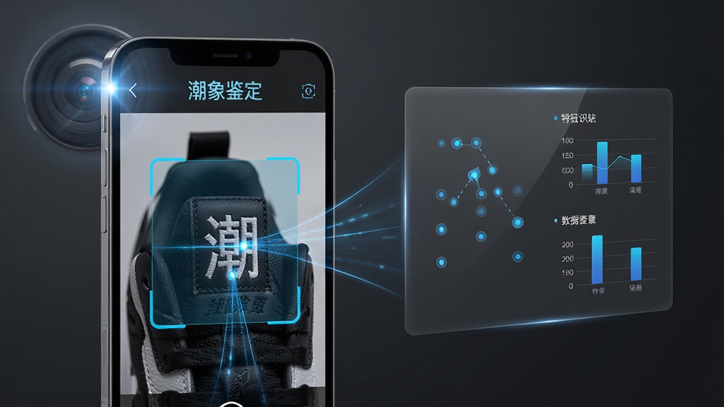 潮象鉴定智能识别功能示意图,画面中央展示一部手机正在拍摄一双运动鞋的鞋标部位,手机屏幕上有扫描框和动态识别线条,屏幕上方显示
