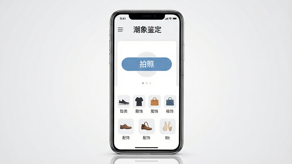 潮象鉴定软件主界面预览图,画面中央展示一部智能手机,手机屏幕上显示潮象鉴定APP的首页界面,界面顶部有