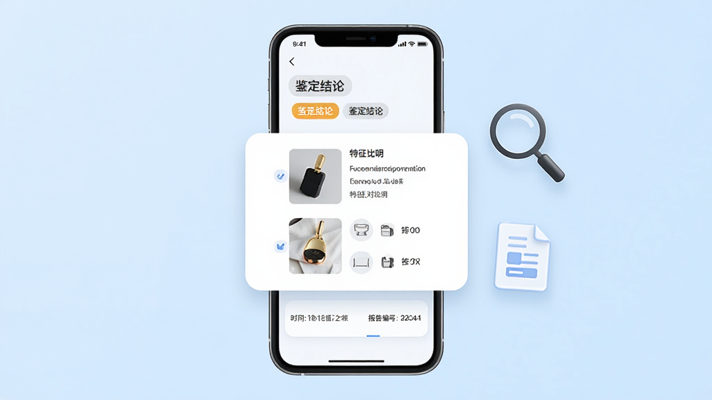 潮象鉴定鉴定报告页面展示图,画面主体为一部手机,屏幕内显示一份鉴定报告详情页,报告顶部有