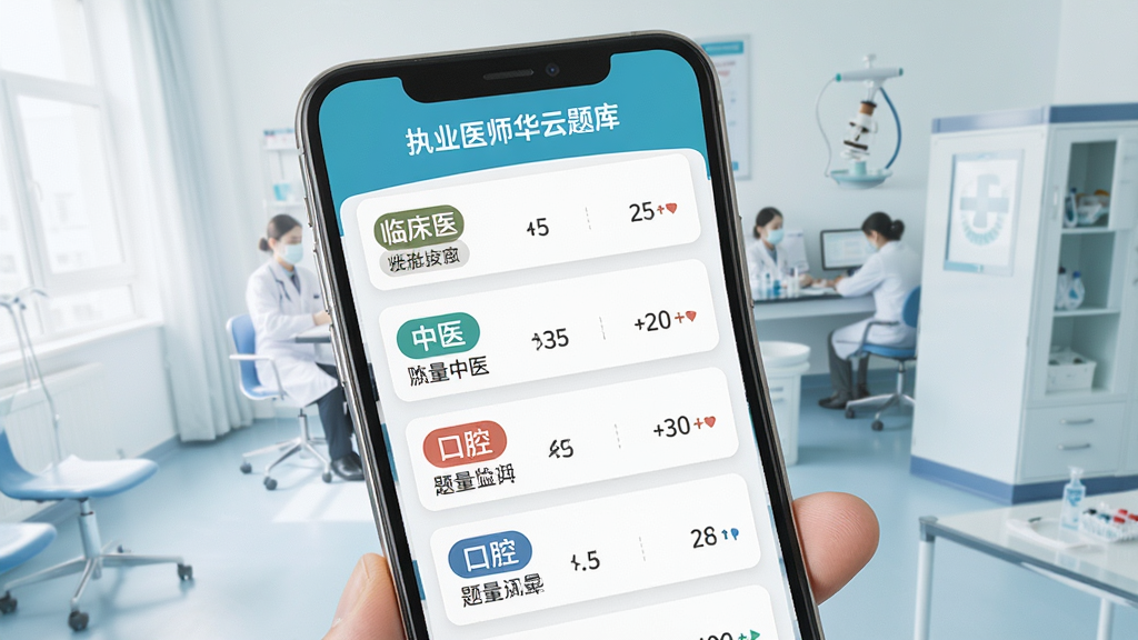 一张表现医学题库分类的图片,主体为手机屏幕内显示“执业医师华云题库”的科目选择列表,布局为纵向卡片式排列,排版清晰,风格为现代简约医疗风,细节上突出临床、中医、口腔等分类标签与题量数字,画质清晰,干净,无多余元素