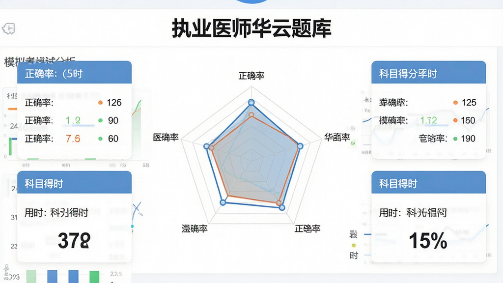 一张展示模拟考试报告的图片,主体为“执业医师华云题库”成绩分析页面,布局为雷达图与分数卡片组合,排版对称,风格为数据可视化风格,细节上包含正确率、用时与科目得分,画质清晰,干净,无多余元素
