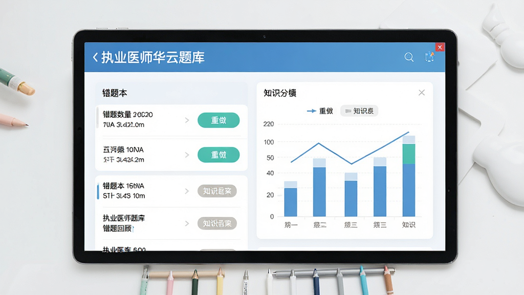 一张展示错题本功能的图片,主体为“执业医师华云题库”错题回顾界面,布局为列表加图表形式,排版简洁,风格为清新学习风,细节上显示错题数量、重做按钮与知识点标签,画质清晰,干净,无多余元素