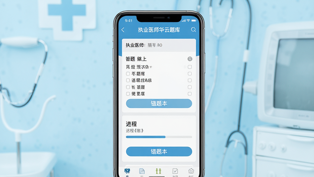 一张展示医学考试刷题场景的图片,主体为一部智能手机屏幕显示“执业医师华云题库”应用界面,界面中包含答题卡、错题本与进度条元素,布局居中,背景为简洁的浅蓝色医疗风格,排版整齐,风格为扁平化UI设计,细节上体现题目选项与解析按钮,画质清晰,干净,无多余元素