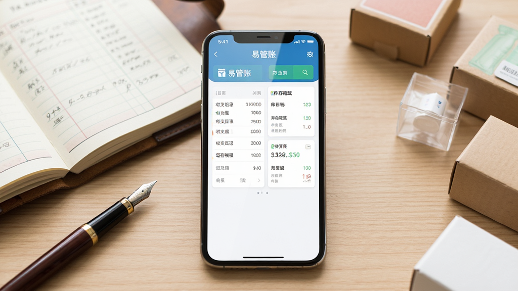 画面中央放置一部智能手机,屏幕显示“易管账”软件主界面,界面中包含收支记录列表与库存概览卡片。手机左侧摆放一本打开的账本与一支钢笔,右侧放置几件小型商品纸盒,背景为浅色木质桌面。整体构图居中对称,风格为写实产品展示风,细节包括手机屏幕反光、账本纸张纹理、桌面木纹质感。画质清晰,干净整洁,无多余元素。