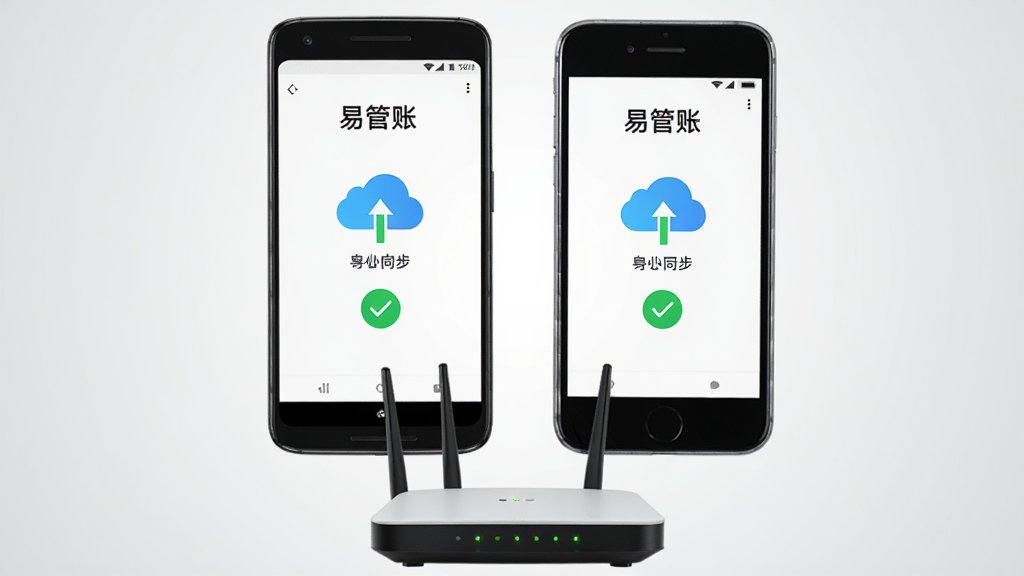 画面中央一部安卓手机与一部苹果手机并排摆放,两部手机屏幕均显示“易管账”数据同步界面,界面中有云端同步图标与绿色对勾标志。手机下方放置一个路由器模型,背景为浅灰色渐变。构图居中,风格为科技简约风,细节包括手机边框光泽、屏幕显示清晰度、路由器指示灯。画质清晰,干净无杂物。