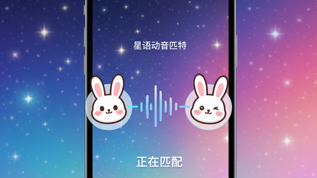 一张展示星兔语音动态语音匹配功能的界面概念图,手机屏幕显示匹配等待动画,两个卡通兔子头像通过声波线条连接,屏幕下方有“正在匹配”字样,背景是梦幻的星空渐变,整体风格科技感与可爱感结合,画质清晰,无多余元素。