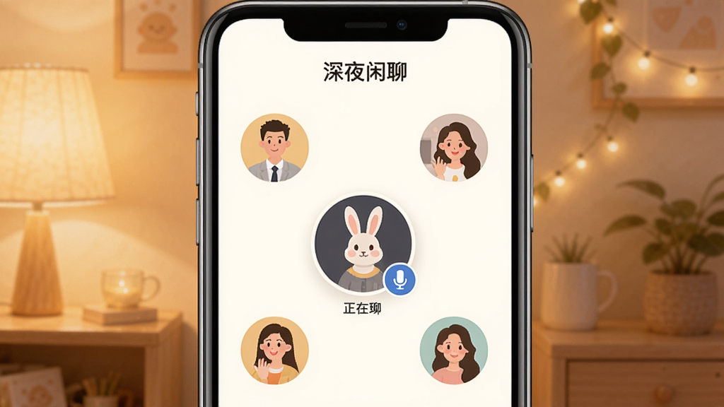 一张展示星兔语音真人语音房间功能的界面示意图,画面中央是手机屏幕,屏幕上显示一个语音房间的界面,有多个用户头像环绕排列,其中一个头像带有麦克风图标表示正在发言,屏幕上方有房间主题“深夜闲聊”,背景是温馨的暖色调,整体风格简洁明快,画质清晰,无多余元素。