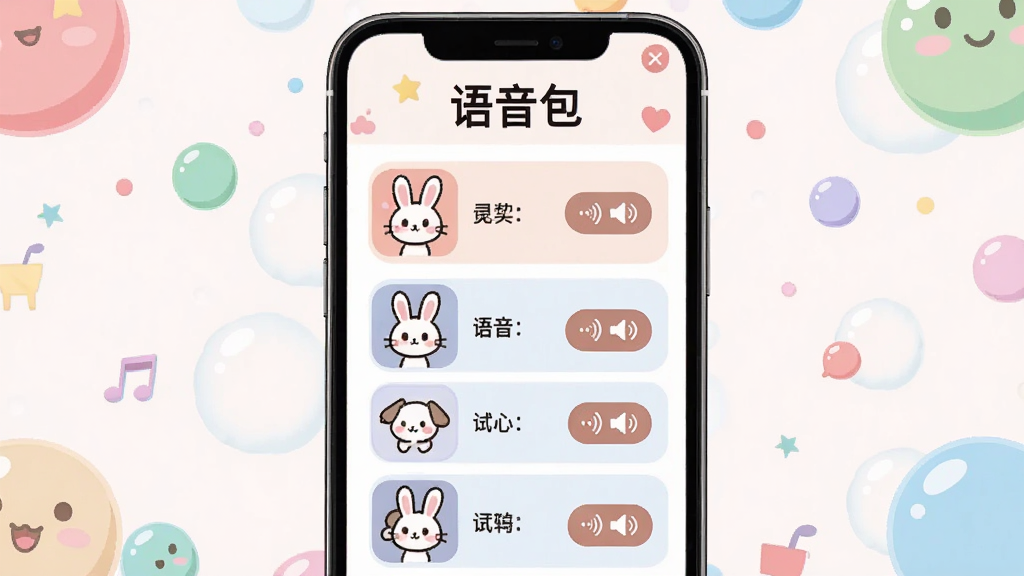 一张展示星兔语音趣味语音包功能的界面截图,手机屏幕中央显示语音包列表,每个语音包配有卡通图标和试听按钮,屏幕上方有“语音包”三个字,背景是彩色气泡点缀的浅色背景,整体风格可爱活泼,画质干净,无多余元素。