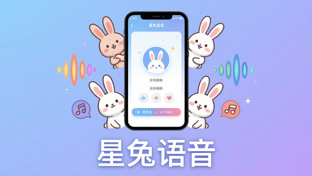 一张展示星兔语音核心全貌的插画,画面中央是一部智能手机,手机屏幕亮起显示星兔语音的语音房间界面,屏幕周围环绕着多个卡通兔子形象和彩色声波图标,背景是柔和的渐变蓝紫色,画面下方有清晰的中文标题“星兔语音”,整体风格清新活泼,排版居中对称,画质干净清晰,无多余元素。