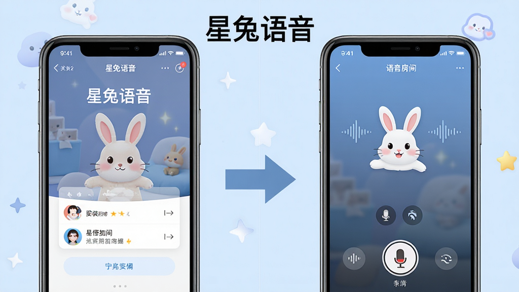 一张展示星兔语音新手操作步骤的示意图,画面分为左右两部分,左侧是手机安装界面,右侧是语音房间上麦界面,中间用箭头连接,画面中有“星兔语音”文字标识,背景是简洁的浅蓝色,整体风格清晰直观,画质干净,无多余元素。