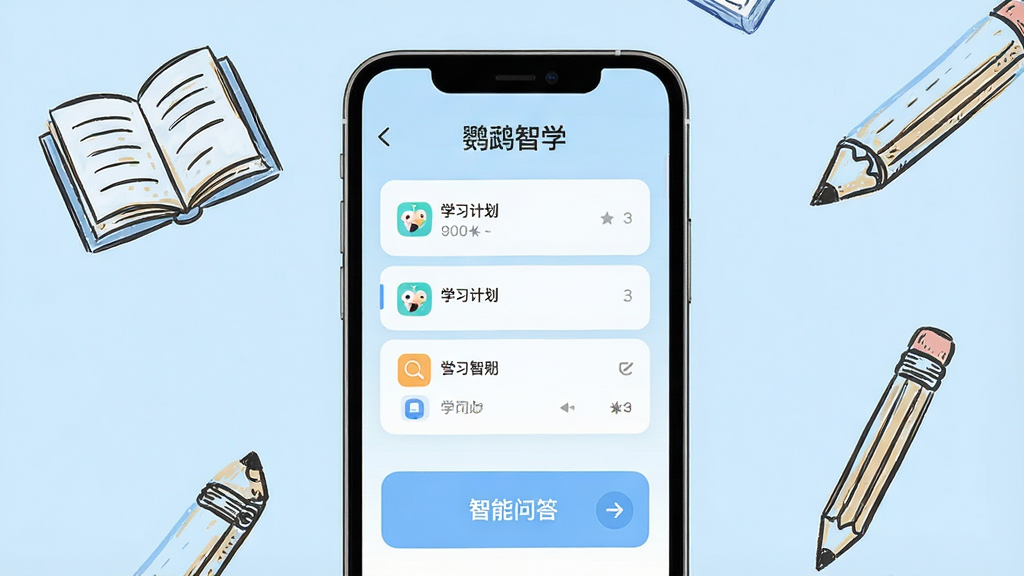 一张展示智能手机屏幕的图片,屏幕中央显示“鹦鹉智学”应用主界面,界面包含学习计划列表和智能问答入口,背景为柔和的浅蓝色调,手机周围环绕着书本和铅笔的简笔画元素,整体风格清新简洁,画质清晰干净,无多余装饰