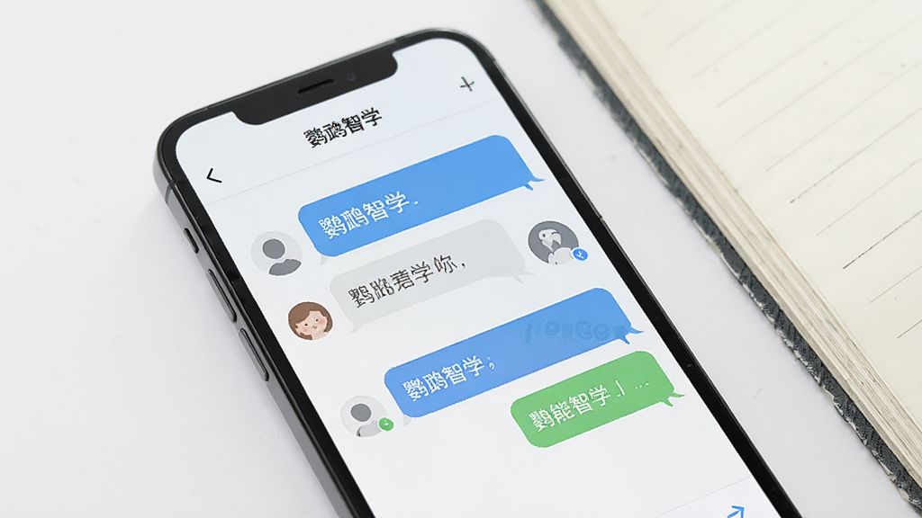 一张展示手机屏幕特写的图片,屏幕中显示“鹦鹉智学”的智能问答对话界面,用户提问和系统回答以气泡形式呈现,背景为干净的白色,手机旁边放着一本翻开的笔记本,整体风格简约现代,画质清晰,无多余元素