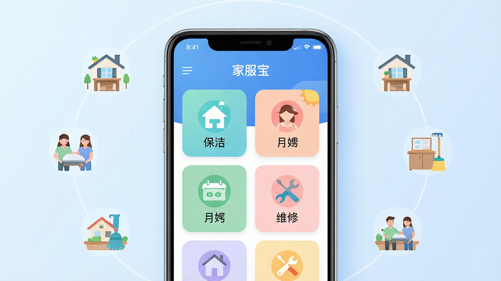 一张展示家服宝移动应用主界面的手机样机图,画面中央放置一部安卓手机,屏幕显示家服宝软件首页,包含家政服务分类图标如保洁、月嫂、维修等,手机周围环绕简洁的家政服务场景小图标,布局为居中对称,排版清晰,风格为现代扁平化科技风,细节上手机边框圆润,屏幕色彩明亮柔和,背景为浅蓝色渐变,画质为高清4K,画面干净,无多余元素